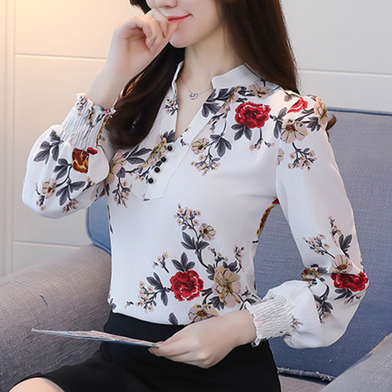 V-neck Floral Blouse Fashion Western Style Blouse